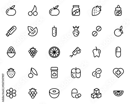 Comprehensive line art collection featuring essential elements for dietary supplements presented in a clean and modern graphic style with vibrant color accents