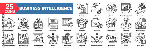 business intelligence icon collection set.Statistics,Target,Effective,Data Management,Innovation,Data Storage,Focusing.Simple line vector.