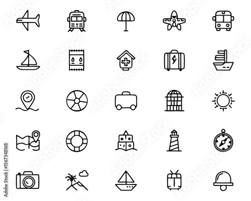 Comprehensive collection of thin line graphics illustrating various aspects of travel and tourism activities suitable for digital or print applications