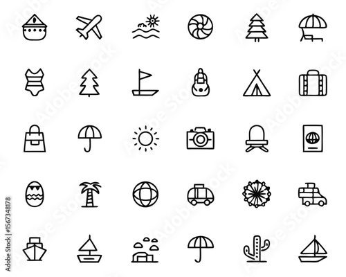 Comprehensive collection of travel and holiday themed line art symbols encompassing various tourism activities and vacation essentials for creative projects
