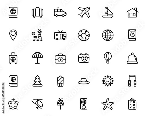 Comprehensive collection of thin line graphics representing various aspects of travel and tourism perfect for digital and print applications