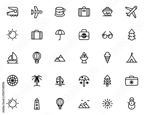 Comprehensive collection of line art symbols representing vacation activities travel destinations and leisure pursuits for a modern visual experience