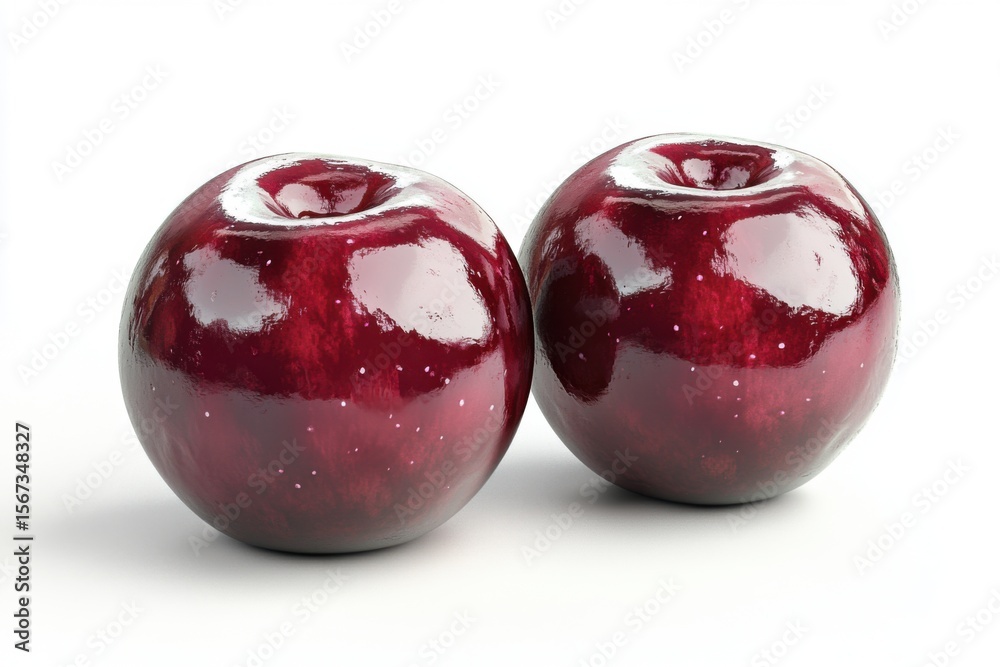 Obraz premium Two Shiny Deep Red Apples on White Background shiny two fruit red apples dark red crimson maroon ai