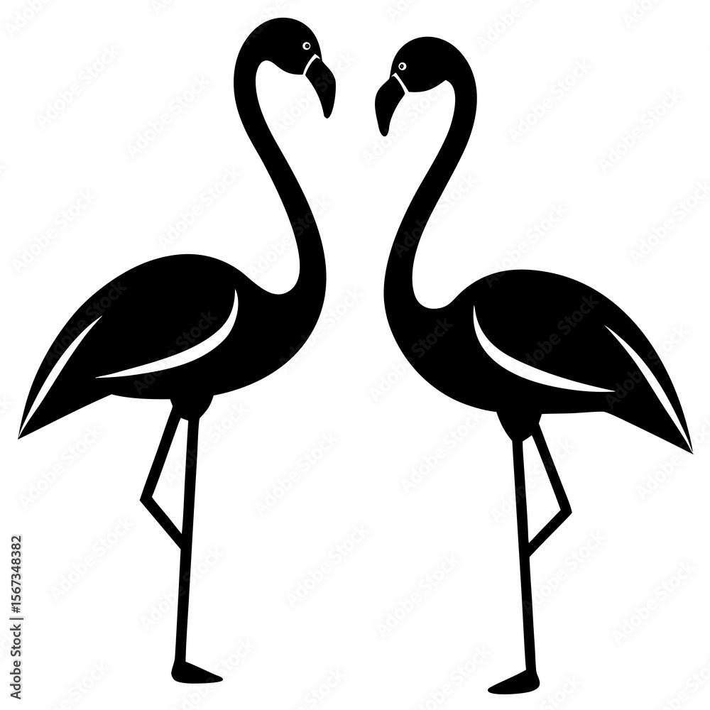 Fototapeta premium Two flamingos stand gracefully, isolated on white background