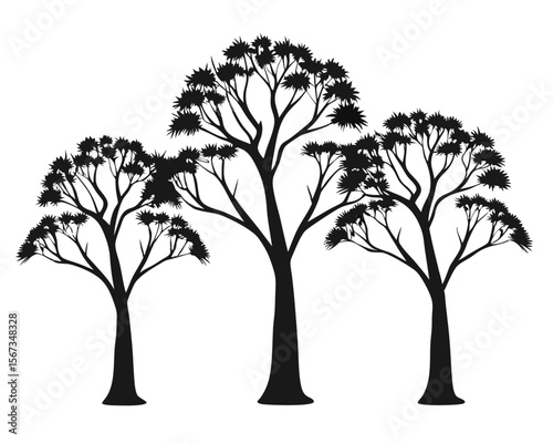 Isolated forest woodland scene featuring a dense collection of evergreen and deciduous trees in a stark graphic silhouette against a clean backdrop perfect for nature themed designs
