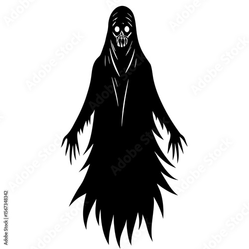 A scary black ghost is isolated on white background