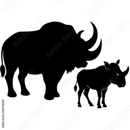 A mother and baby rhino stand together, isolated on white background