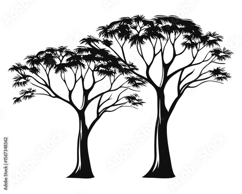 A striking black silhouette of a dense forest with multiple trees presented on a clean white background conveying a natural woodland scene