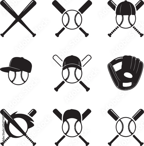 Baseball Icons Bats, Balls, Gloves, and Caps - Vector Graphics