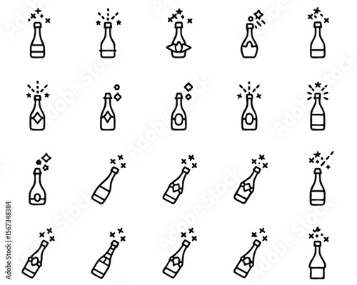 Celebratory sparkling wine bottle with cork dramatically erupting outwards symbolizing festive occasions and successful achievements presented in a modern graphic style