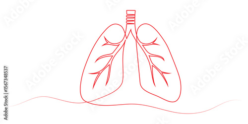 Human lungs organ outline drawing illustration. Red continuous one line drawing of lungs.  Vector Illustration.