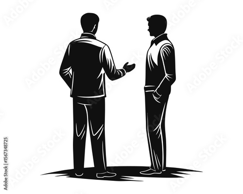 Two individuals engaged in conversation depicted as a minimalist black and yellow graphic representation of communication and dialogue between people