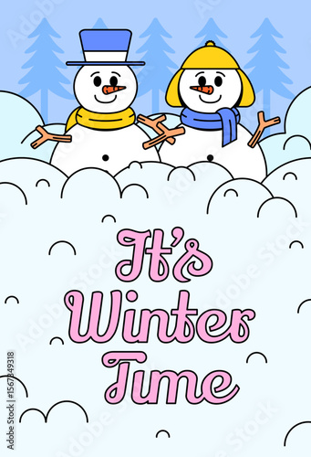 It's winter time poster with snowman cartoon character illustration vector