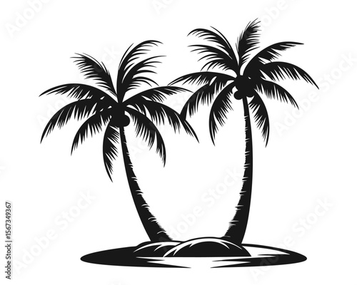 Striking black silhouette of a tropical palm tree standing tall against a clean white backdrop evoking a serene beachside atmosphere and coastal vacation vibes