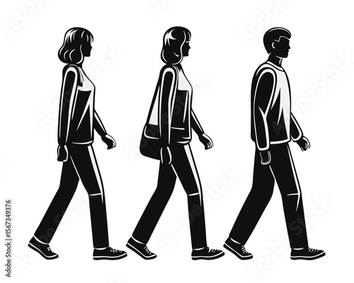 Dynamic group of silhouetted figures in motion depicting a crowd engaged in various walking poses rendered in bold black and vibrant cmyk tones