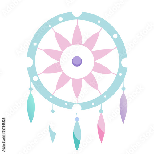 Watercolor mandala inspired by dreamcatchers with soft pastels and celestial symbols.