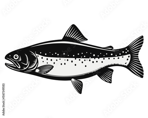 Classic illustration of a single detailed fish rendered in a vintage style with bold outlines and a limited color palette of black yellow cyan and magenta for a retro aesthetic
