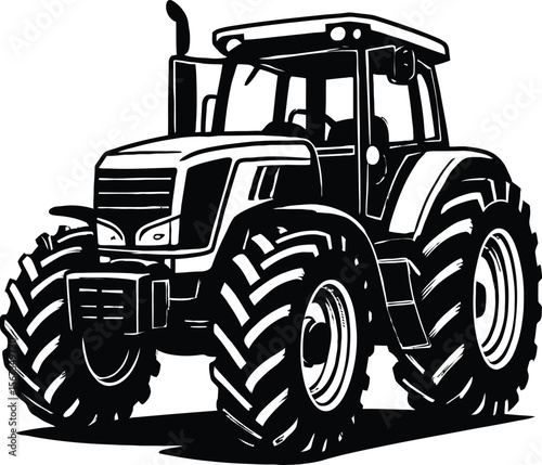 A black and white illustration of a modern farm tractor