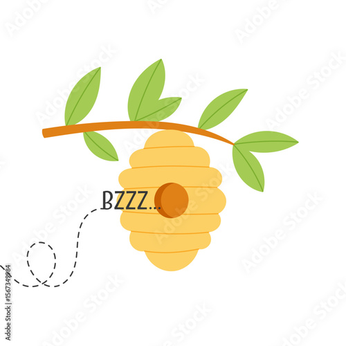 Cute beehive hanging on tree branch with buzzing bee sound. Flat hand drawn vector illustration
