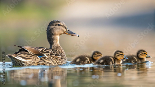 Mother mallard duck leading her adorable ducklings swimming together in calm water on a sunny day