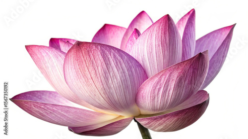 Close up of a delicate pink and purple lotus flower with intricate petal details against a clean white background