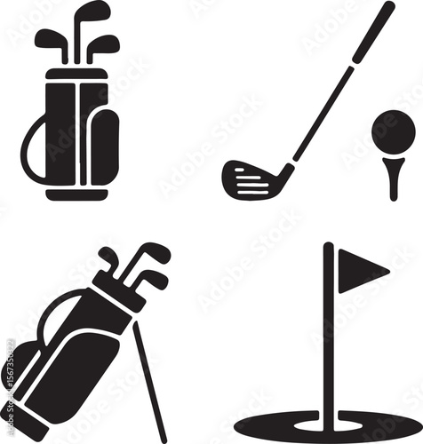 Golf Equipment Icons Clubs, Bag, Ball, and Flag