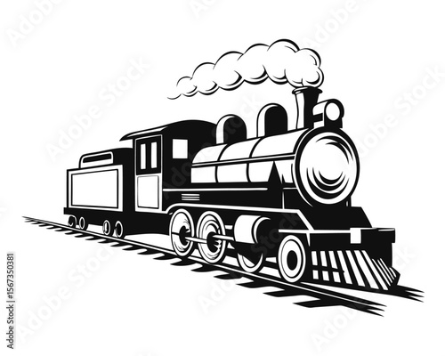 Classic steam locomotive rendered in a striking silhouette with plumes of smoke billowing gracefully evoking a sense of historical travel and industrial heritage