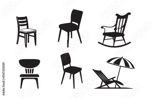 Collection of eight different black chair silhouettes arranged. Vector Illustration Eps 10
