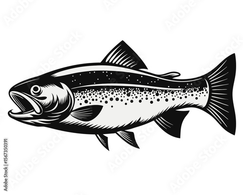Classic retro trout fish illustration with a vintage aesthetic showcasing aquatic life in a natural setting with detailed linework and a limited color palette