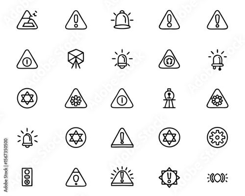 Comprehensive collection of essential warning and alert symbols presented in a clean modern line art style suitable for diverse safety and information graphics applications