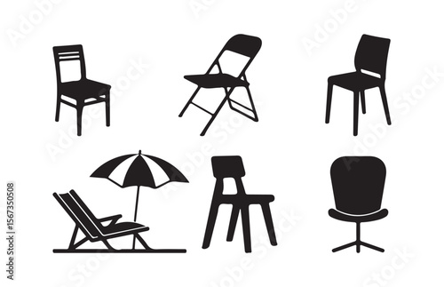 Collection of eight different black chair silhouettes arranged. Vector Illustration Eps 10