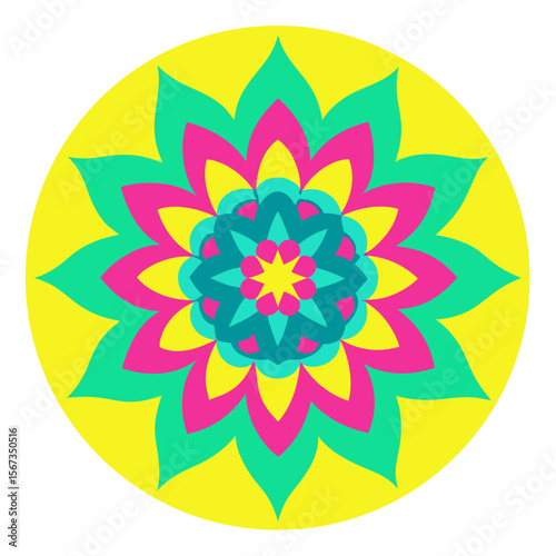Neon Mandala on Yellow with Pop Art Flair and Bold Flat Design