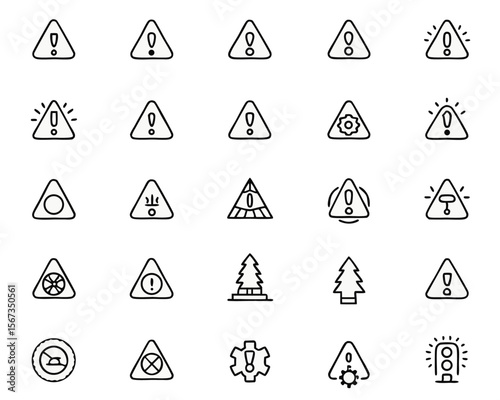 Comprehensive collection of hazard alert symbols and caution indicators presented in a clean modern line art style for clear communication of potential dangers