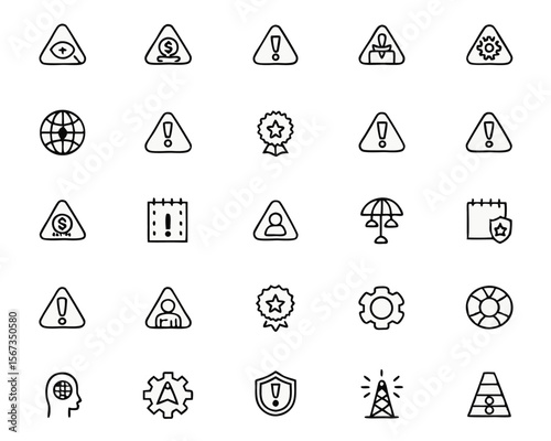 Comprehensive collection of hazard alert symbols and caution signs presented in a clean modern line art style suitable for safety notifications and informational graphics