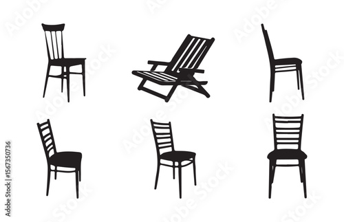 Summer Vacation Beach Icons Collection. different black chair silhouettes arranged on a white background. Vector Illustration