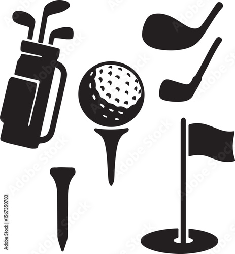 Golf Equipment Icons Golf Bag, Clubs, Ball, Tee, and Flag