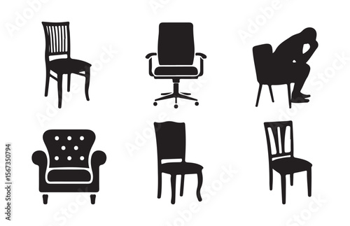 Black chair silhouettes on white background stool armchair. modern office and gaming chairs, perfect for interior design, Vector Eps 10