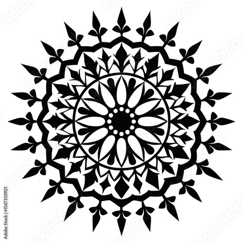 Inky Black Floral Mandala with Precision and Symmetrical Anchors