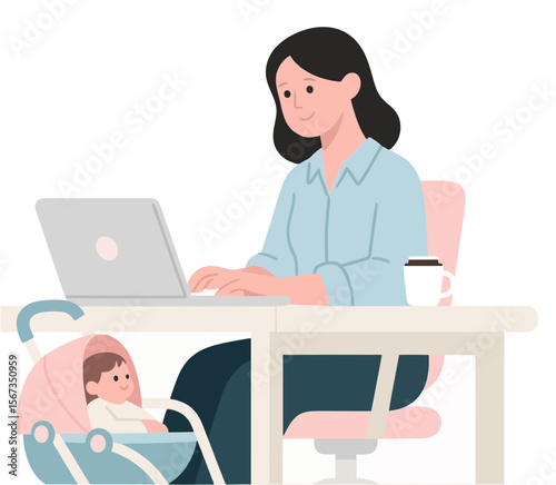 Illustration of a Mom Working on Laptop at Home with Baby in Carrier – Flat Style Vector