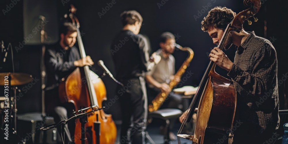 Obraz premium A group of musicians performing together with various instruments