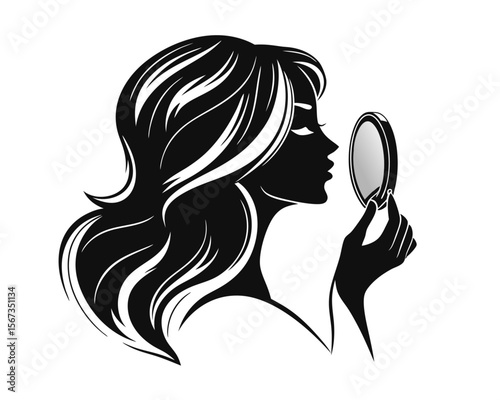 Elegant black silhouette of a woman applying cosmetics showcasing a beauty routine with a focus on facial enhancement and personal grooming in a clean graphic design