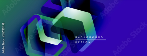 Abstract geometric shapes overlap, creating vibrant blue, green gradients. Modern design element for backgrounds, presentations.