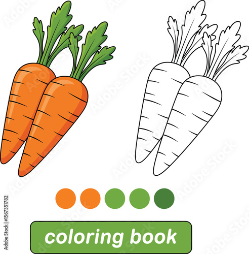 Coloring book page with colored and outlined carrot illustrations for kids