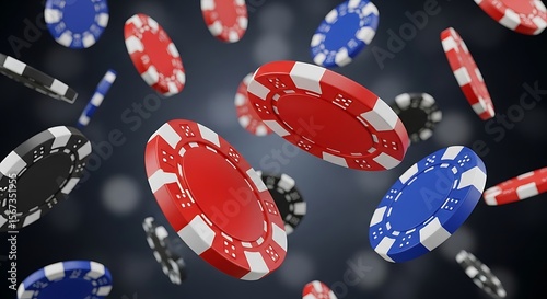 Red blue black casino chips falling gambling poker