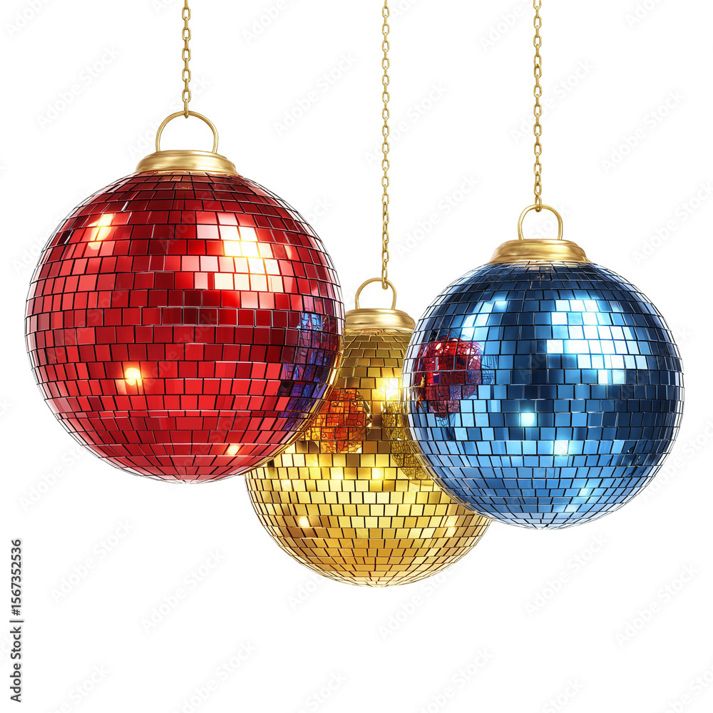 Fototapeta premium Three Shiny Disco Balls Hanging isolated on transparent white background, clipping path