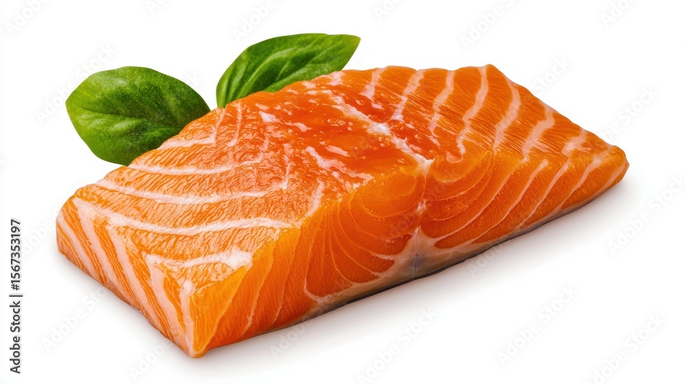 Fresh Salmon Fillet with Basil Garnish on White Background Fresh Salmon Fillet with Basil Garnish on White Background