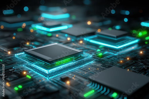 Ultra-Realistic Neon-Lit Circuit Board with Glossy Chip Modules and Vibrant Glow