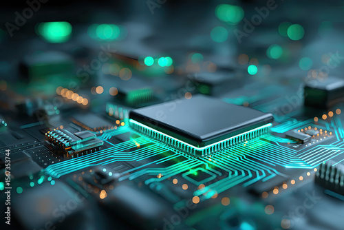 Ultra-Realistic Neon-Lit Circuit Board with Glossy Chip Modules and Vibrant Glow