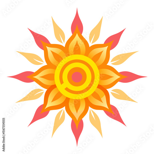 - A mandala formed of sun-like patterns, emitting a glowing, radiant aura with swirling petal shapes and luminous intensity.