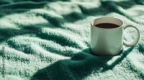 Soft emerald green fleece background with cozy texture, with a minimalist white ceramic mug gently casting shadow